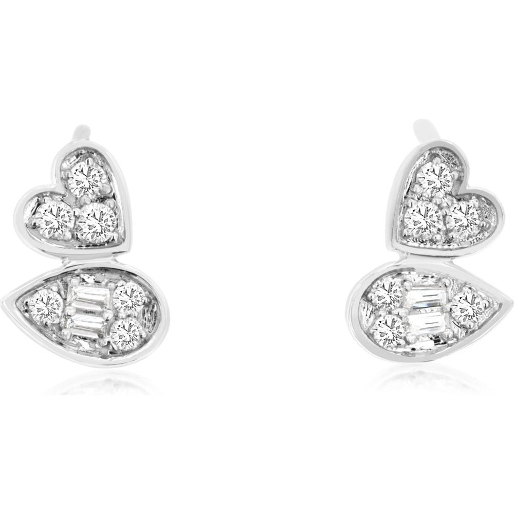 14K White Gold Heart and Teardrop Drop Earrings with Round and Baguette Cut Diamonds - 0.22 Carat Total Diamond Weight - Royal Jewelry