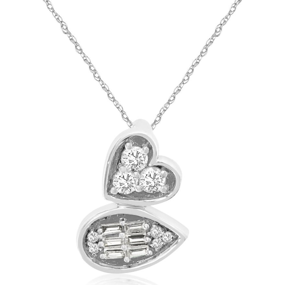 14K White Gold Heart and Teardrop Pendant Necklace with Pavé Round and Baguette Diamonds - 0.22 Carat Total Diamond Weight - Royal Jewelry