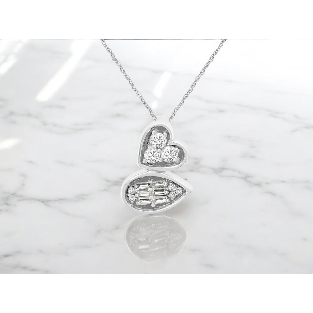 14K White Gold Heart and Teardrop Pendant Necklace with Pavé Round and Baguette Diamonds - 0.22 Carat Total Diamond Weight - Royal Jewelry