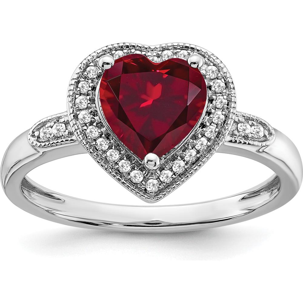 14K White Gold Heart Created Ruby and Diamond Halo Ring - 1.48 Carat Ruby and 0.009 Carat Total Diamond Weight by 0