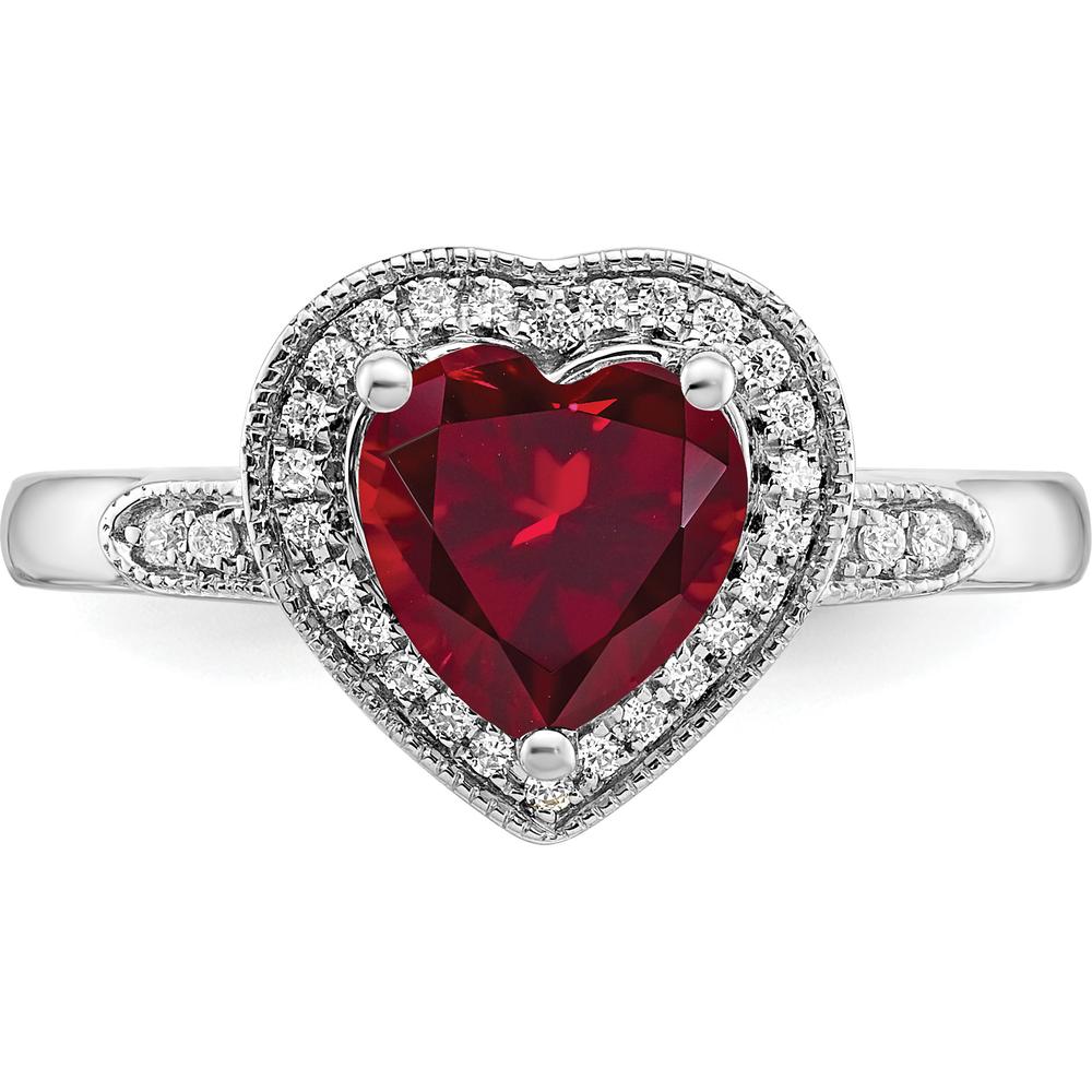 14K White Gold Heart Created Ruby and Diamond Halo Ring - 1.48 Carat Ruby and 0.009 Carat Total Diamond Weight by 0