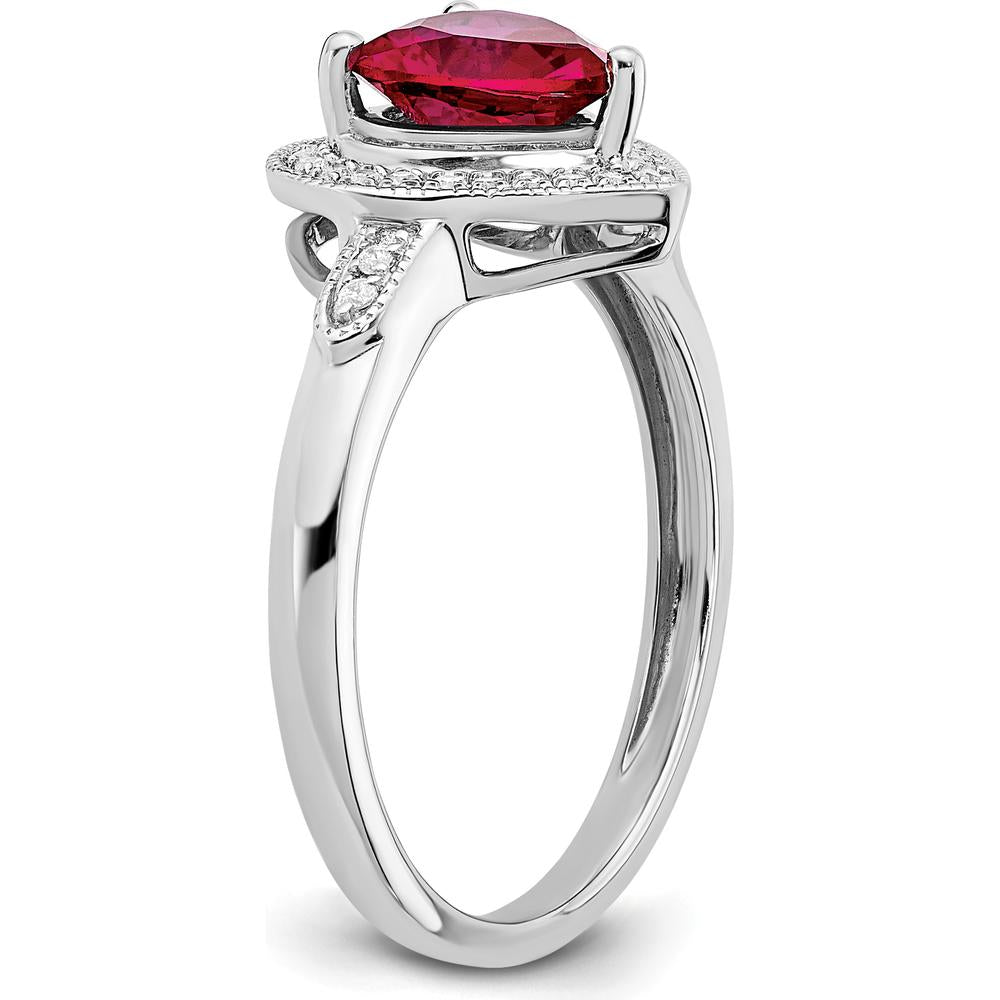 14K White Gold Heart Created Ruby and Diamond Halo Ring - 1.48 Carat Ruby and 0.009 Carat Total Diamond Weight by 0
