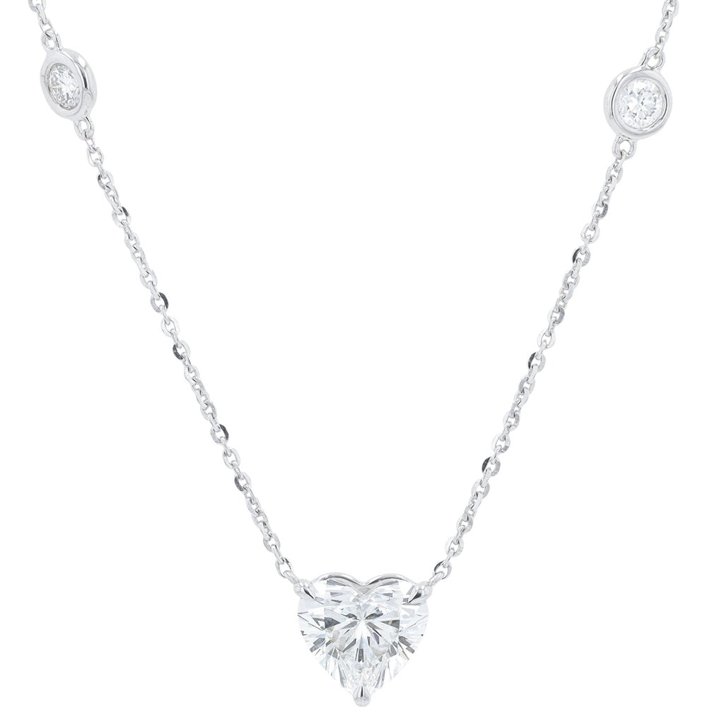 14K White Gold Heart-Cut Lab Grown Diamond Station Necklace with Bezel-Set Round Accents - 3.43 Carat Total Diamond Weight