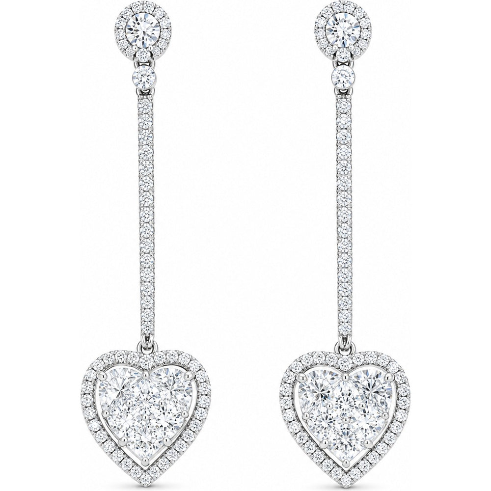 14K White Gold Heart Dangle Earrings with Halo Set Round and Pavé Diamonds - 2.33 Carat Total Diamond Weight by Auriventus