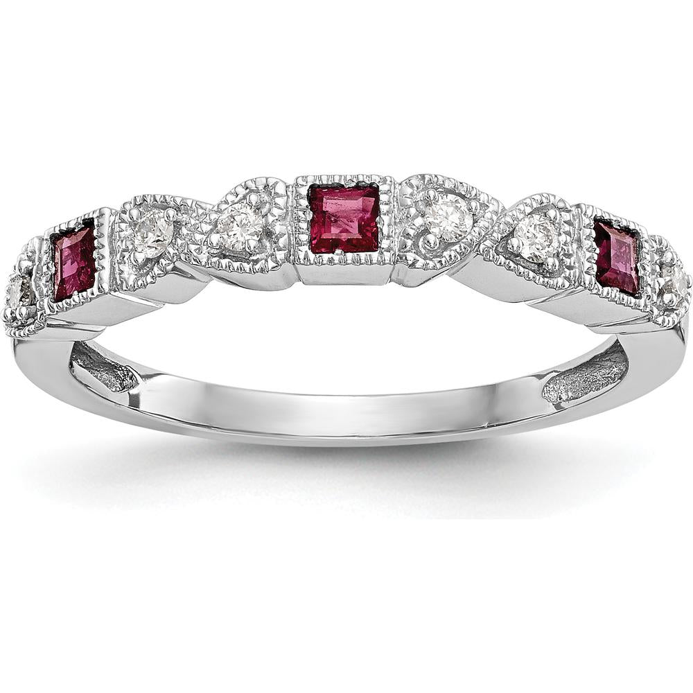 14K White Gold Heart Design Band with 0.12 Carat Princess-Cut Rubies and 0.09 Carat Round Diamonds by 0