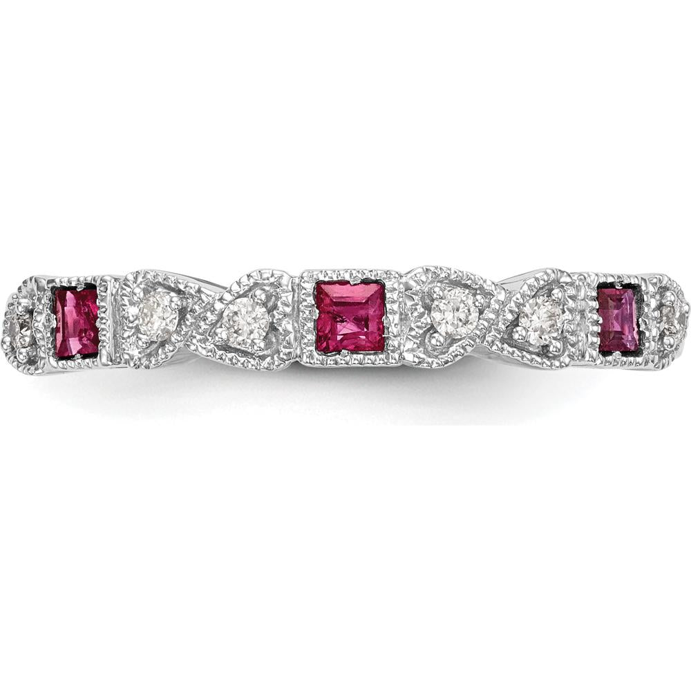 14K White Gold Heart Design Band with 0.12 Carat Princess-Cut Rubies and 0.09 Carat Round Diamonds by 0