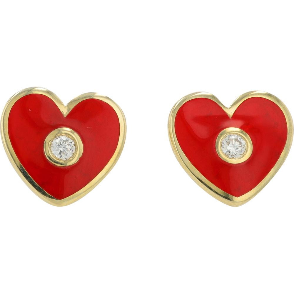 14K White Gold Heart Earrings with Red Enamel and Diamond - 0.06 Carat Total Diamond Weight