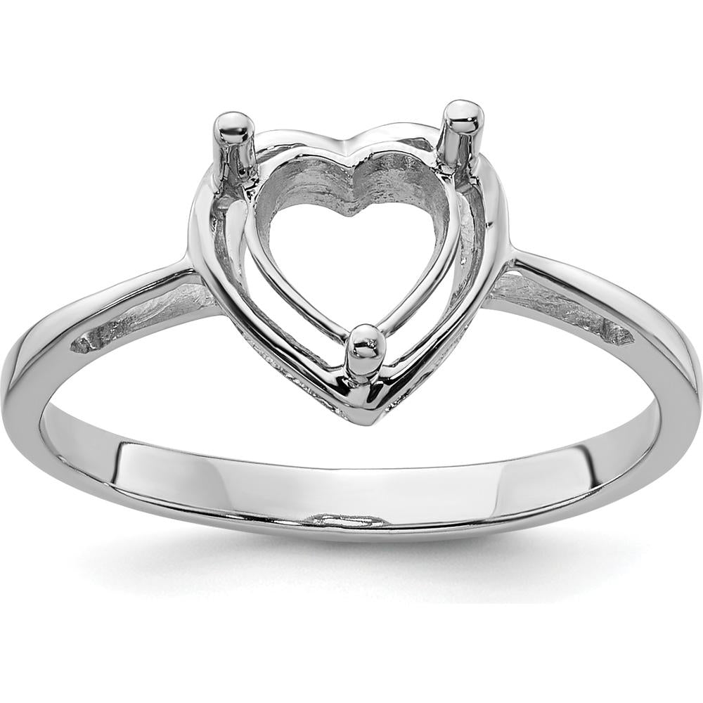 14K White Gold Heart Gemstone Ring Mounting with Polished Rhodium Finish - 9mm Heart Top, 2mm Band by Monteluci Fine Jewelry