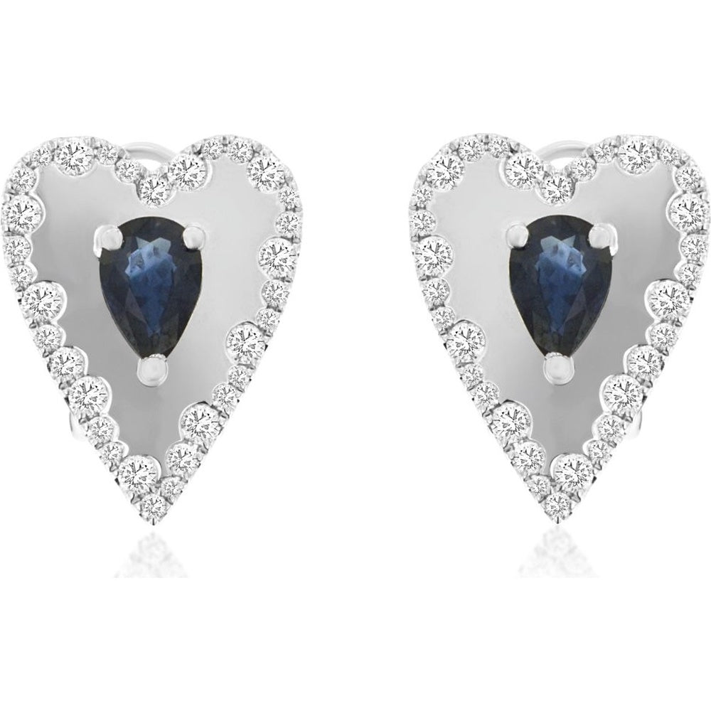 14K White Gold Heart Halo Earrings with Pear-Cut Sapphires and Round Diamonds - 1.06 Carat Total Sapphire Weight and 0.52 Carat Total Diamond Weight - Royal Jewelry