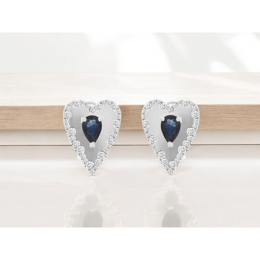 14K White Gold Heart Halo Earrings with Pear-Cut Sapphires and Round Diamonds - 1.06 Carat Total Sapphire Weight and 0.52 Carat Total Diamond Weight - Royal Jewelry