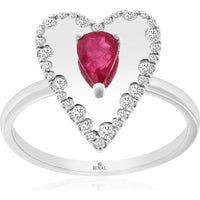 14K White Gold Heart Halo Ring with Pear-Shaped Ruby and Round Diamonds - 0.45 Carat Ruby and 0.26 Carat Total Diamond Weight - Royal Jewelry