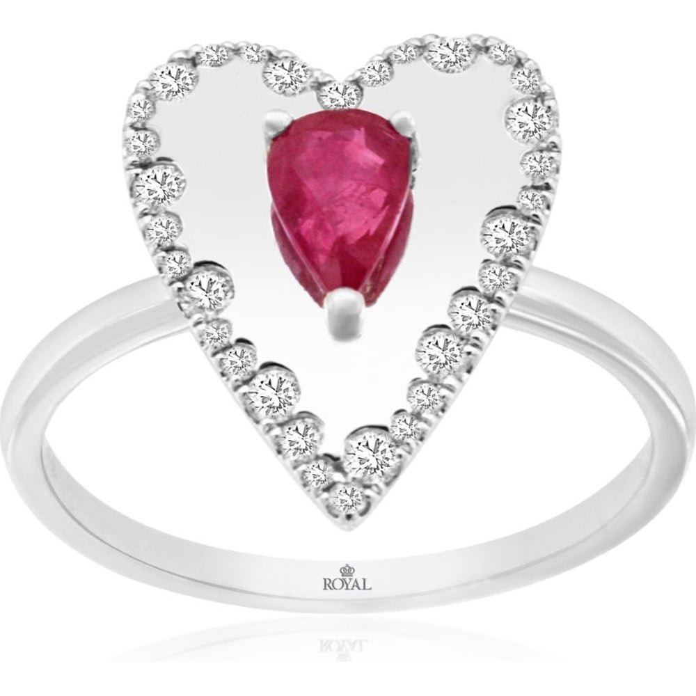 14K White Gold Heart Halo Ring with Pear-Shaped Ruby and Round Diamonds - 0.45 Carat Ruby and 0.26 Carat Total Diamond Weight - Royal Jewelry