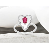 14K White Gold Heart Halo Ring with Pear-Shaped Ruby and Round Diamonds - 0.45 Carat Ruby and 0.26 Carat Total Diamond Weight - Royal Jewelry
