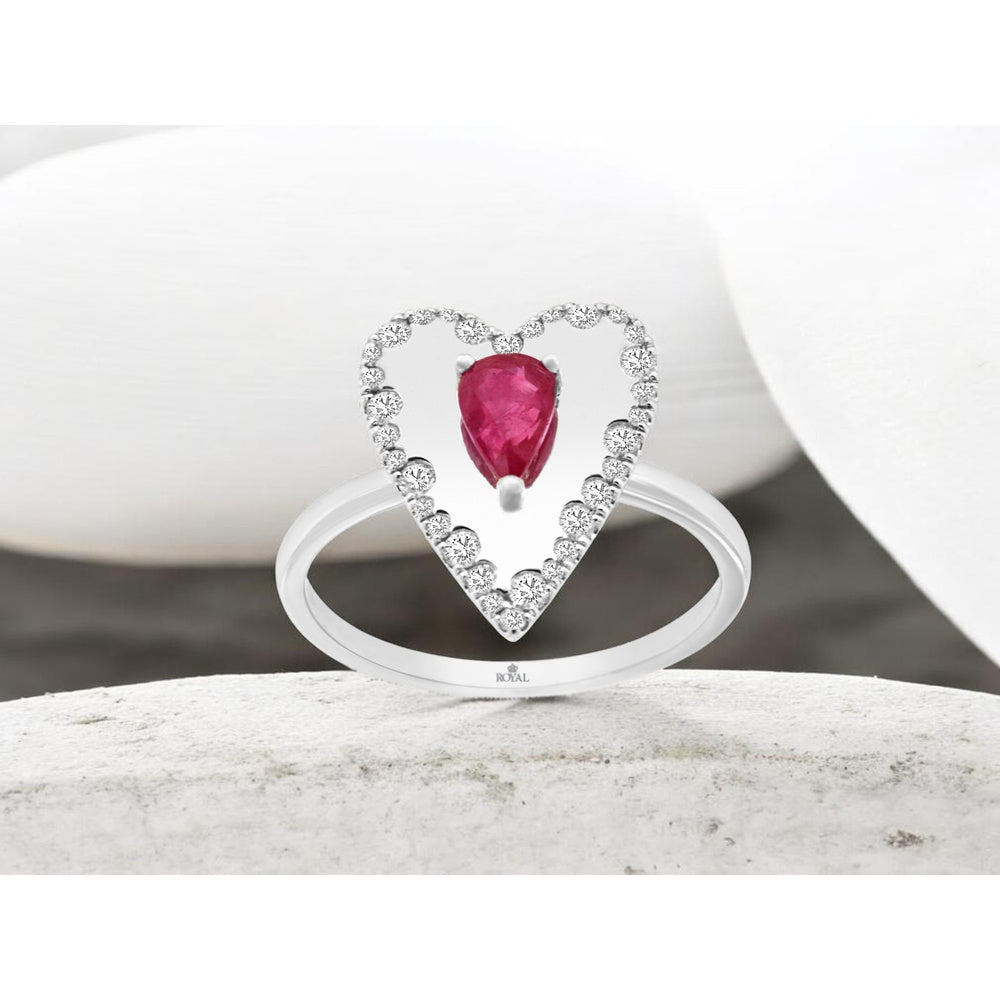 14K White Gold Heart Halo Ring with Pear-Shaped Ruby and Round Diamonds - 0.45 Carat Ruby and 0.26 Carat Total Diamond Weight - Royal Jewelry