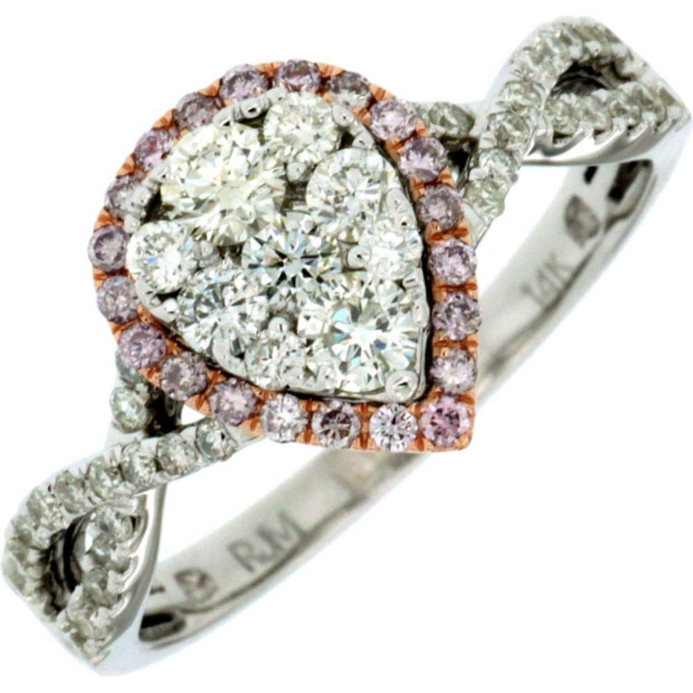 14K White Gold Heart Halo Ring with Round White Diamonds and Pink Diamond Accent Halo - 0.84 Carat Total Diamond Weight - Royal Jewelry