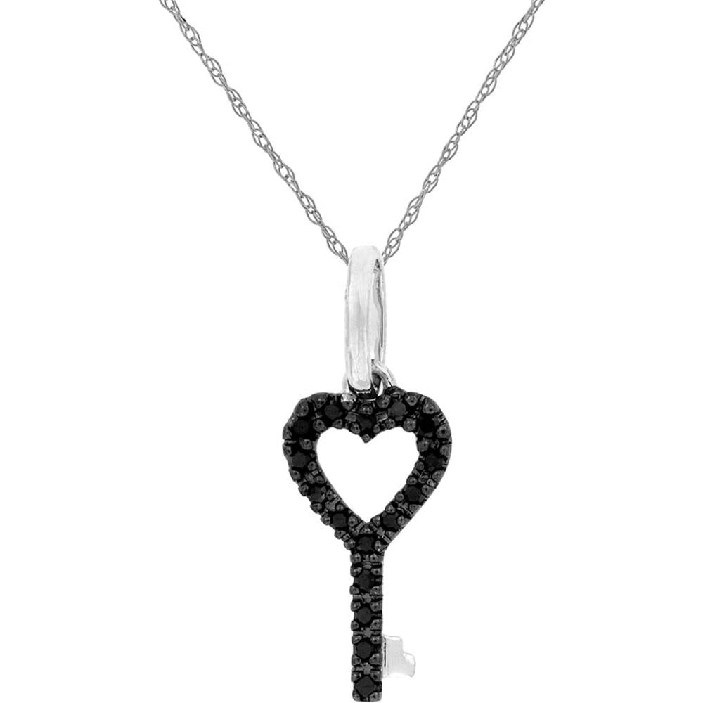 14K White Gold Heart Key Pendant Necklace with 0.07 Carat Round Black Diamonds in Pavé Setting - Royal Jewelry