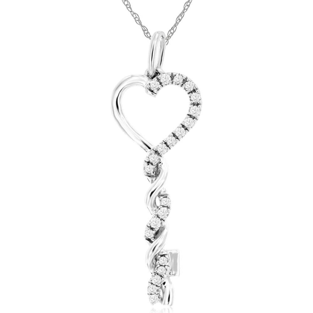 14K White Gold Heart Key Pendant with Round Diamond Accents - 0.25 Carat Total Diamond Weight - Royal Jewelry