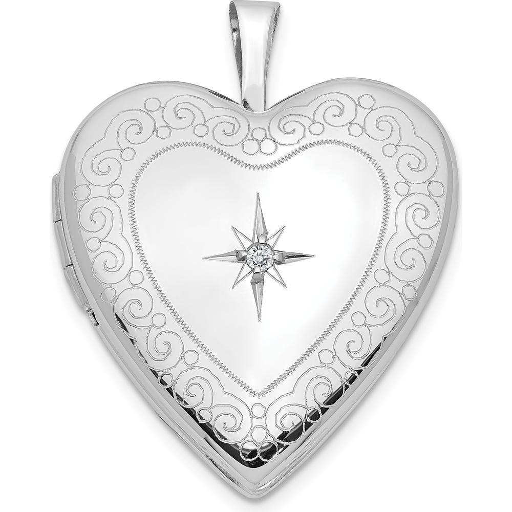 14K White Gold Heart Locket Pendant with Diamond Star Center - 0.01 Carat Total Diamond Weight by Monteluci Fine Jewelry
