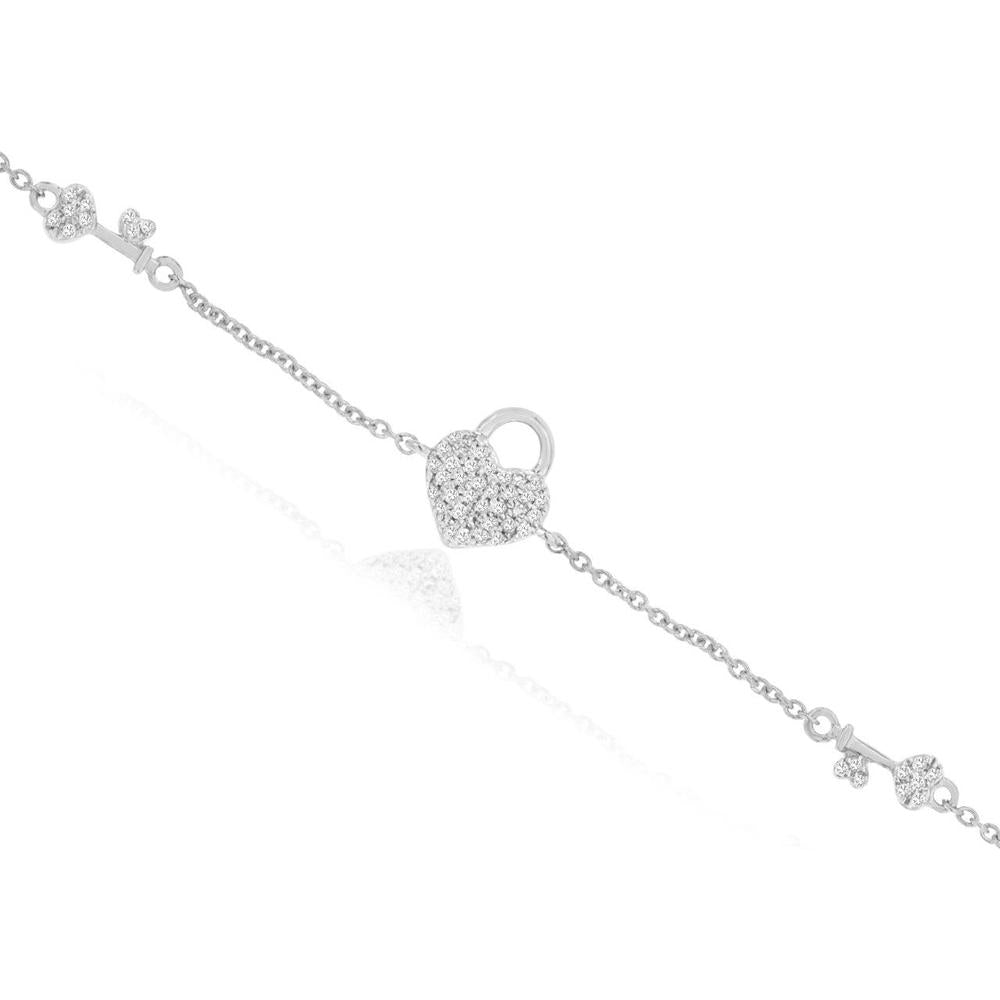 14K White Gold Heart Motif Bracelet with Pavé Set Round Diamonds - 0.15 Carat Total Diamond Weight - Royal Jewelry