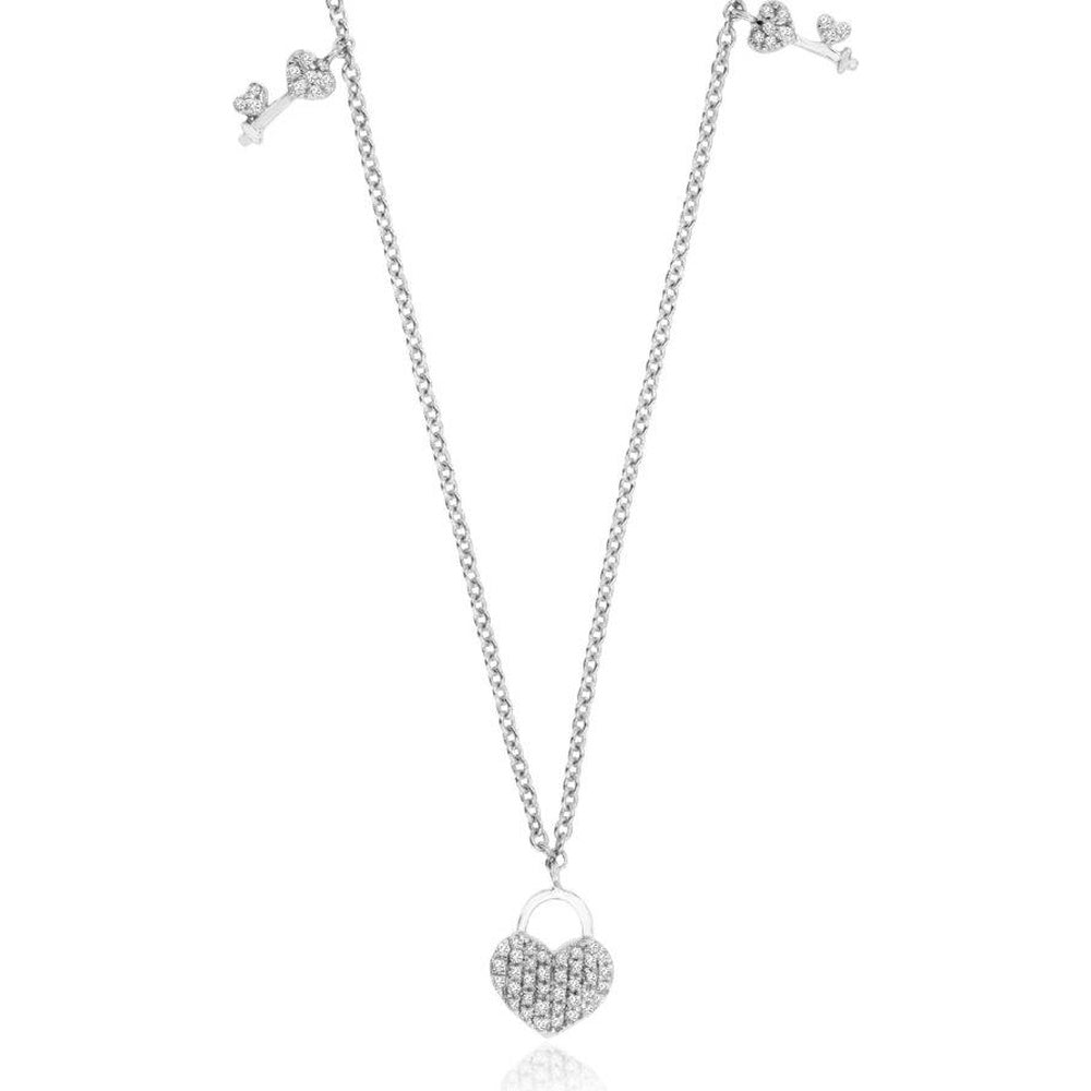 14K White Gold Heart Padlock Pendant Necklace with Diamond Key Charm - 0.19 Carat Total Diamond Weight - Royal Jewelry