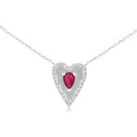 14K White Gold Heart Pendant Necklace with Pear-Shaped Ruby and Diamond Halo - 0.45 Carat Ruby and 0.26 Carat Total Diamond Weight - Royal Jewelry