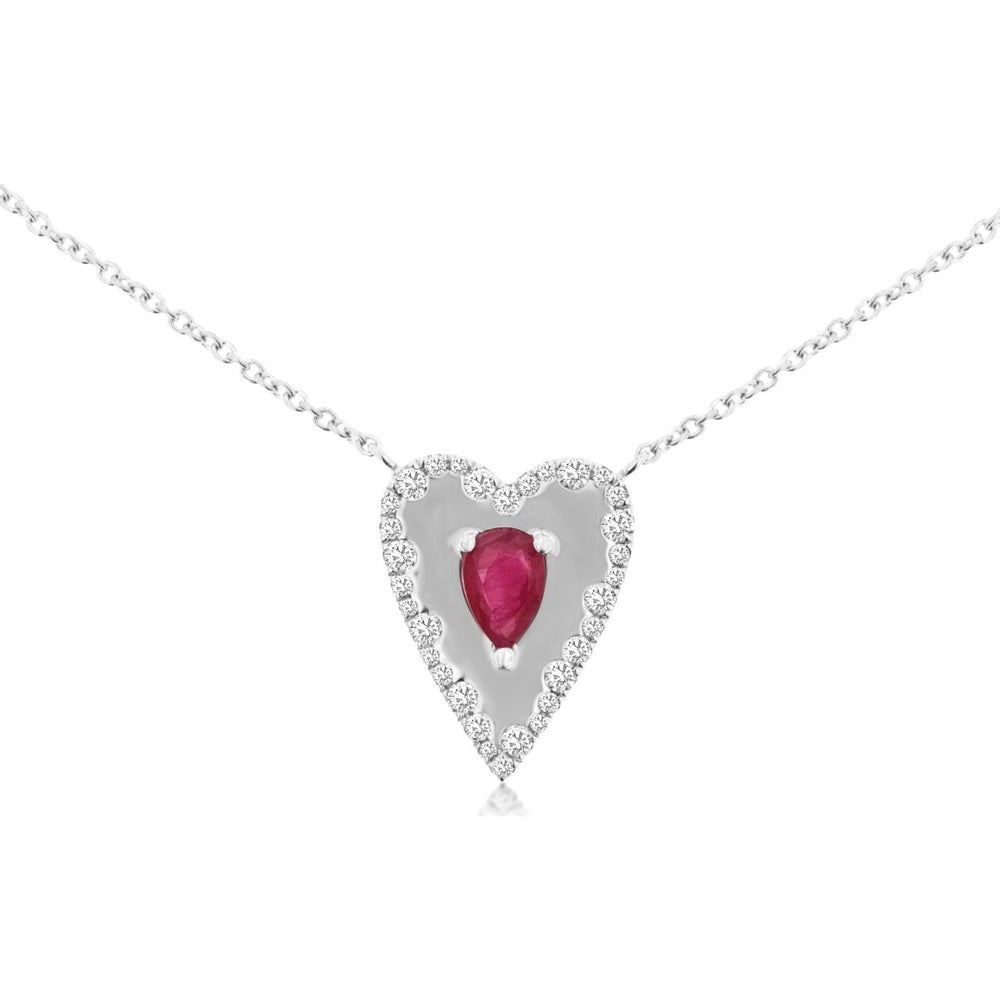 14K White Gold Heart Pendant Necklace with Pear-Shaped Ruby and Diamond Halo - 0.45 Carat Ruby and 0.26 Carat Total Diamond Weight - Royal Jewelry