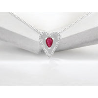 14K White Gold Heart Pendant Necklace with Pear-Shaped Ruby and Diamond Halo - 0.45 Carat Ruby and 0.26 Carat Total Diamond Weight - Royal Jewelry