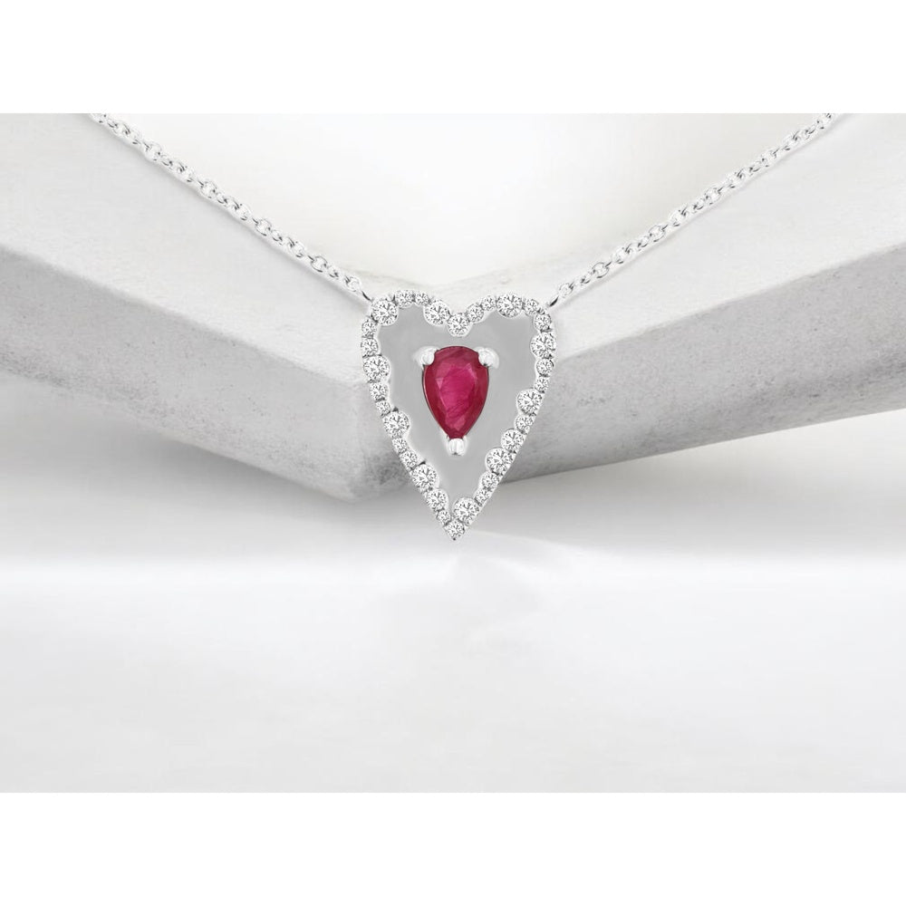 14K White Gold Heart Pendant Necklace with Pear-Shaped Ruby and Diamond Halo - 0.45 Carat Ruby and 0.26 Carat Total Diamond Weight - Royal Jewelry