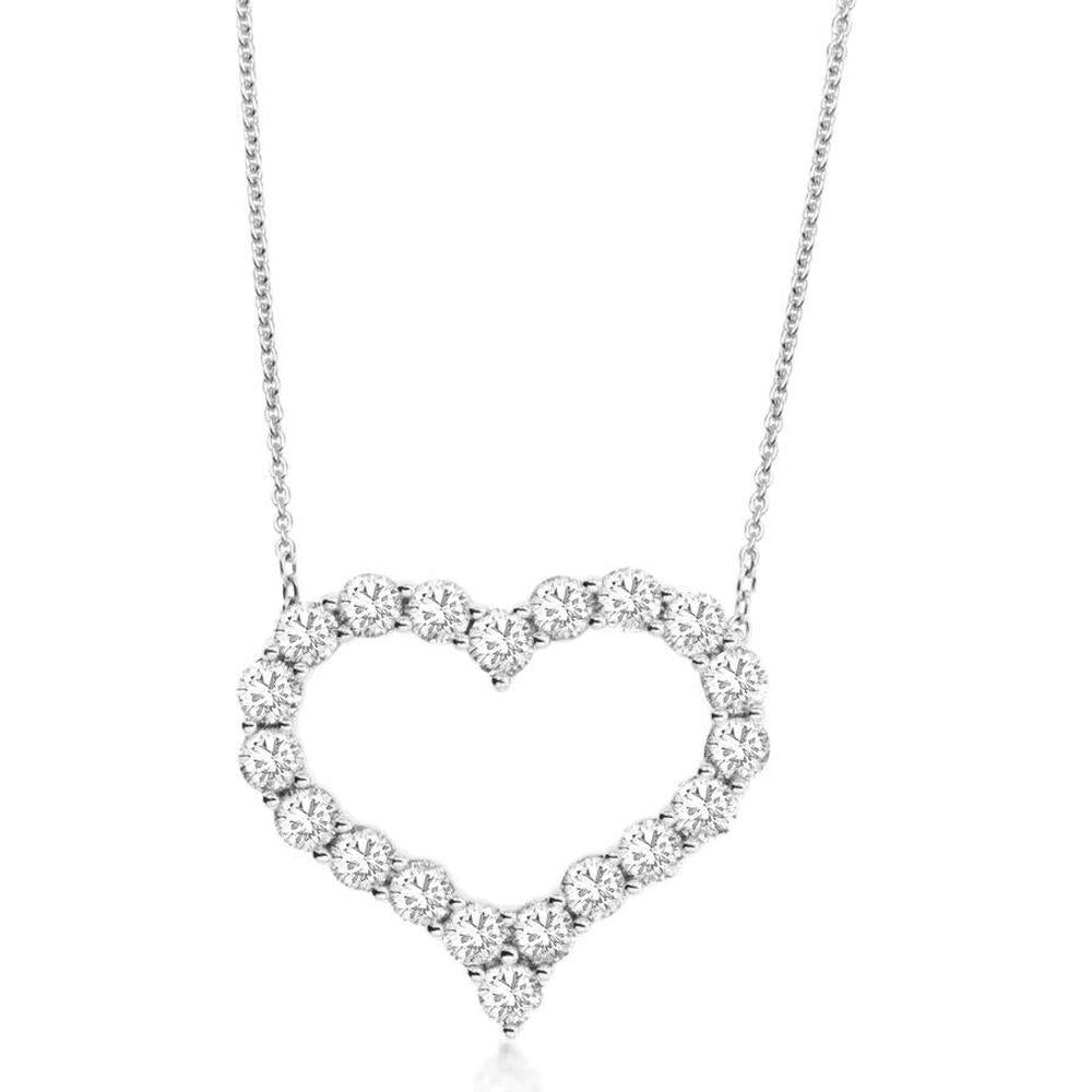 14K White Gold Heart Pendant Necklace with Prong Set Round Brilliant Diamonds - 1.00 Carat Total Diamond Weight - Royal Jewelry