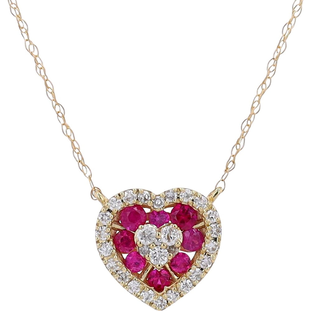 14K White Gold Heart Pendant Necklace with Round Ruby Halo and Diamond Accents - 0.35 Carat Total Ruby Weight and 0.18 Carat Total Diamond Weight