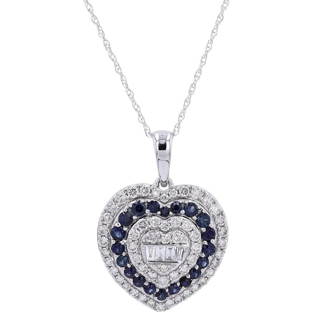 14K White Gold Heart Pendant with 0.65 Carat Diamond and Sapphire Accents