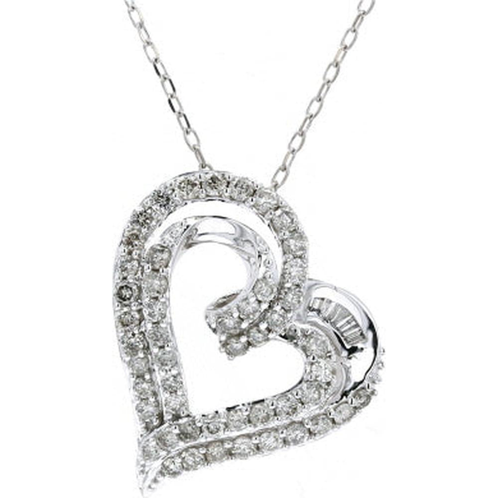 14K White Gold Heart Pendant with 1.00 Carat Total Round Diamonds on Adjustable Chain