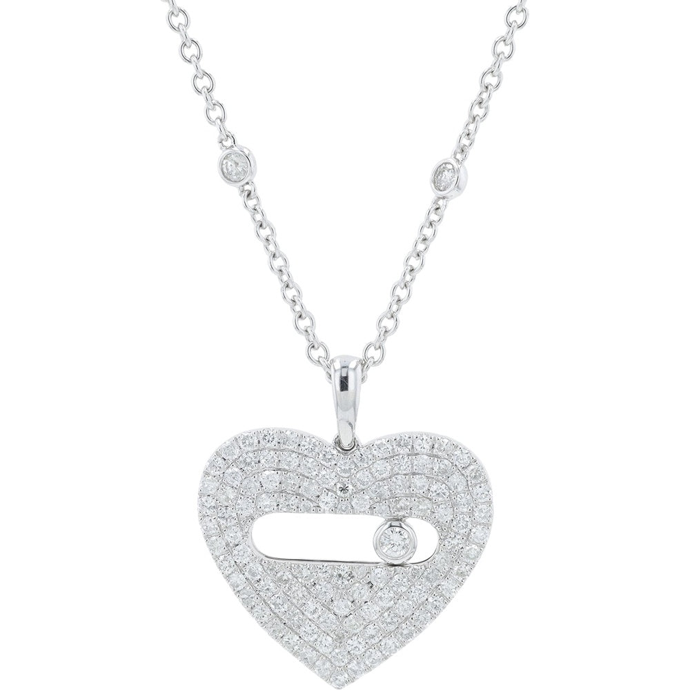 14K White Gold Heart Pendant with Pave Set Round Diamonds and Bezel Set Floating Diamond - 2.10 Carat Total Diamond Weight