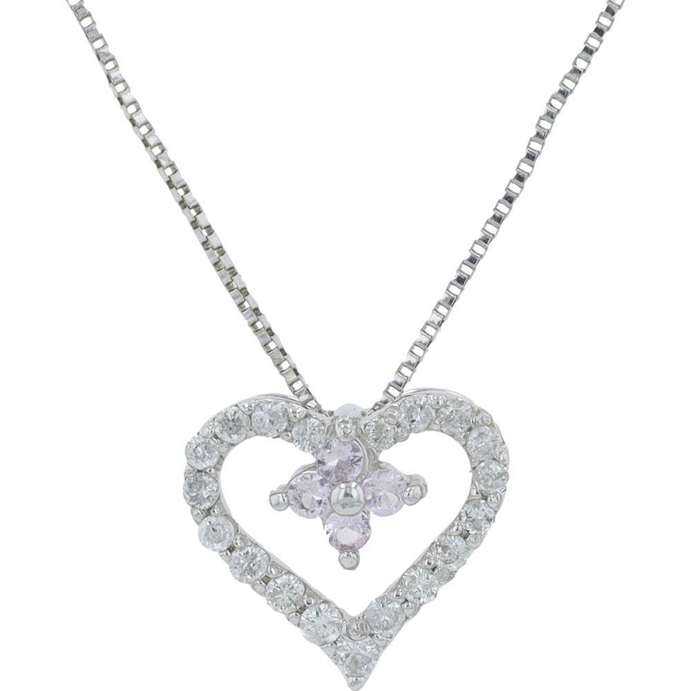 14K White Gold Heart Pendant with Pink Sapphire and Diamond Halo - 0.29 Carat Total Gem Weight