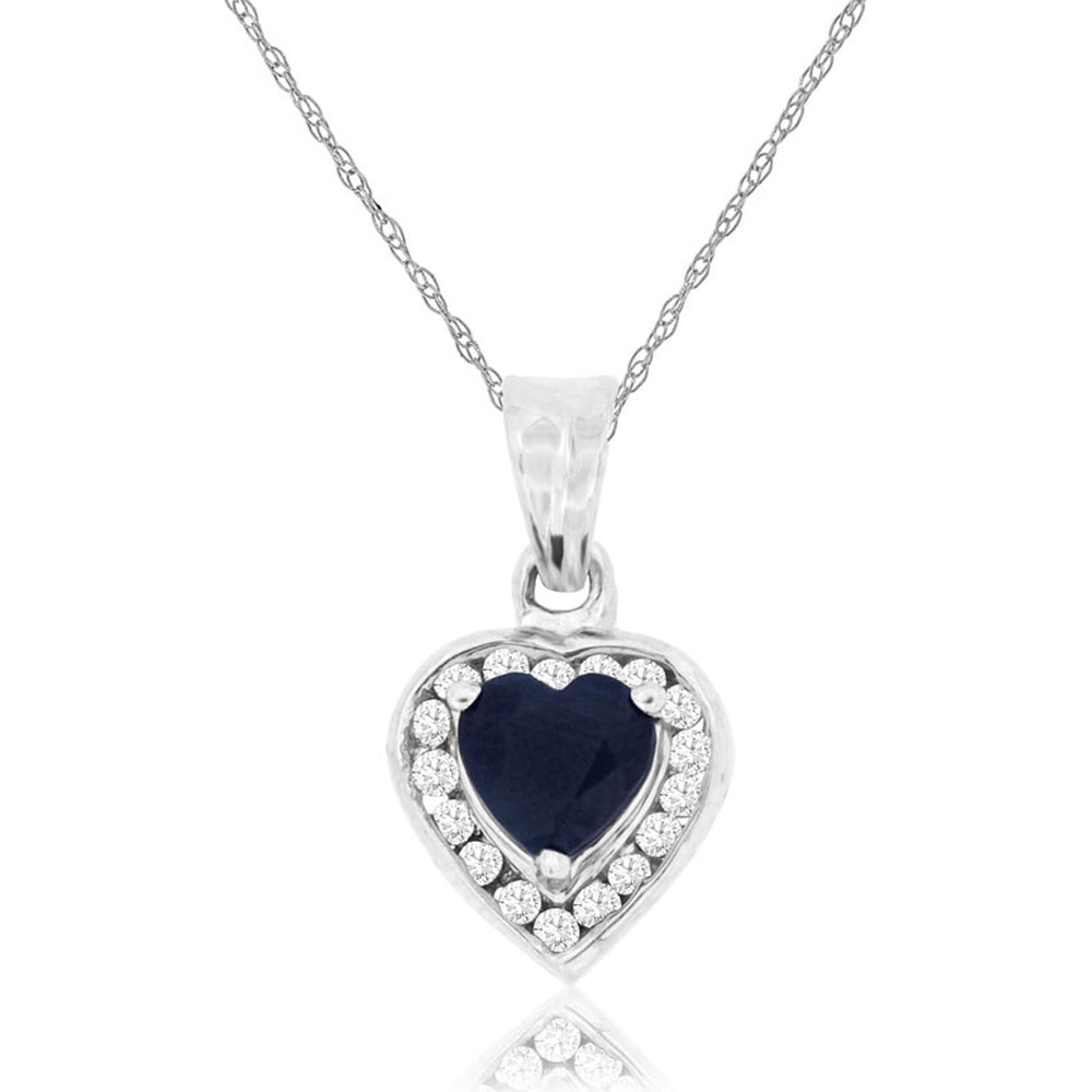 14K White Gold Heart Pendant with Prong-Set Round Diamond Halo and Faceted Heart-Shaped Blue Sapphire - 0.60 Carat Sapphire and 0.15 Carat Total Diamond Weight - Royal Jewelry