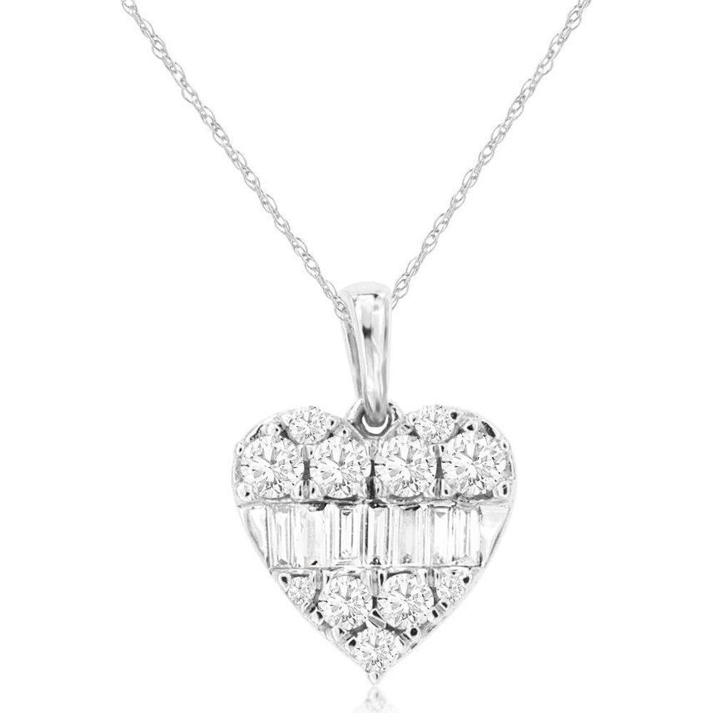 14K White Gold Heart Pendant with Round and Baguette Cut Diamonds - 0.43 Carat Total Diamond Weight - Royal Jewelry