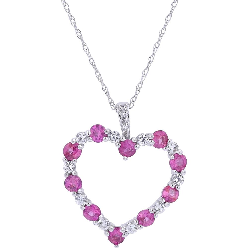 14K White Gold Heart Pendant with Rubies and Created White Sapphires - 0.33 Carats Total Gemstone Weight