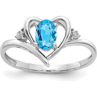 14K White Gold Heart Ring with 0.56 Carat Oval Swiss Blue Topaz and Diamonds by Oro Pregiato