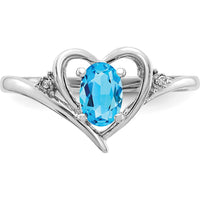 14K White Gold Heart Ring with 0.56 Carat Oval Swiss Blue Topaz and Diamonds by Oro Pregiato