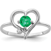 14K White Gold Heart Ring with 4mm Round Emerald and Diamond Accent - 0.28 Carat Total Gemstone Weight by Monteluci Fine Jewelry