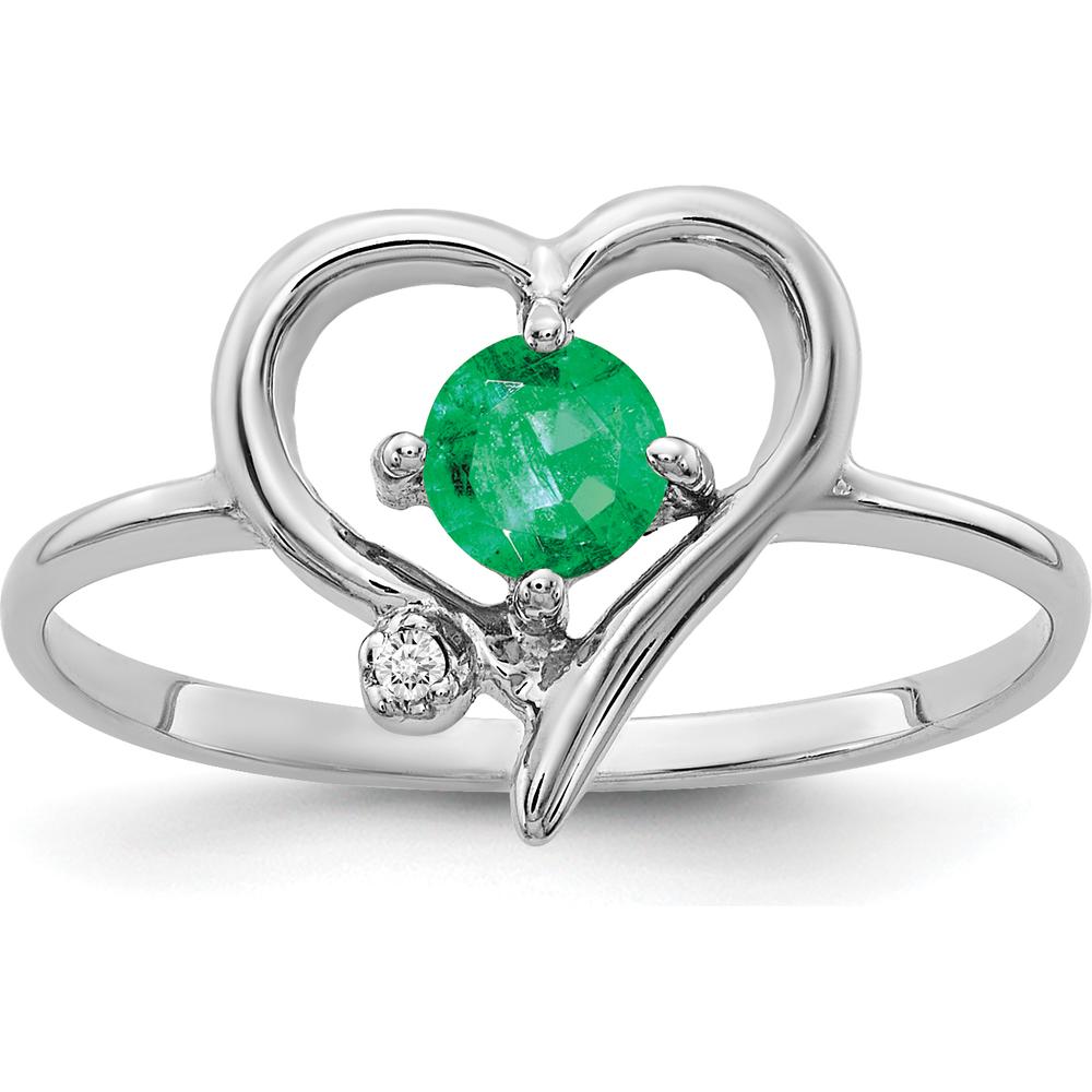 14K White Gold Heart Ring with 4mm Round Emerald and Diamond Accent - 0.28 Carat Total Gemstone Weight by Monteluci Fine Jewelry