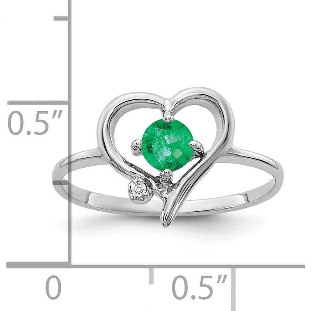 14K White Gold Heart Ring with 4mm Round Emerald and Diamond Accent - 0.28 Carat Total Gemstone Weight by Monteluci Fine Jewelry