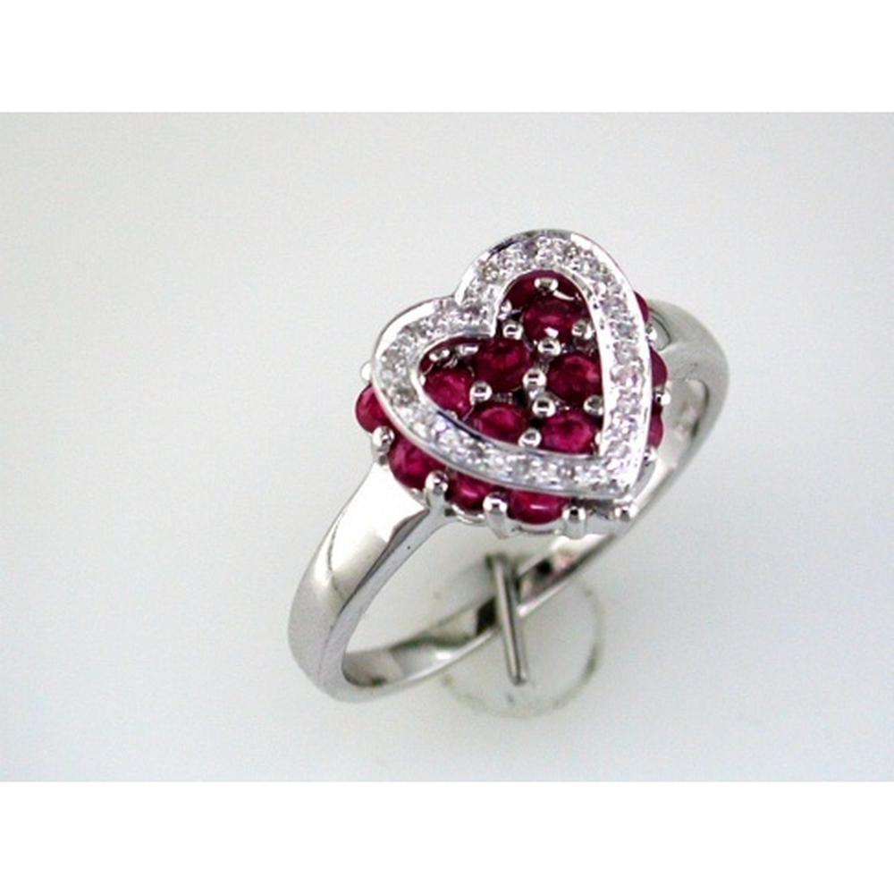 14K White Gold Heart Ring with Round Rubies and Diamond Halo Accent - 0.95 Carat Ruby & 0.06 Carat Total Diamond Weight - Royal Jewelry