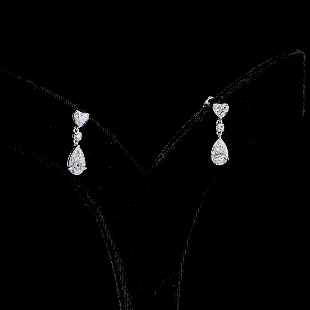 14K White Gold Heart, Round, and Pear Shape Lab Diamond Hanging Drop Earrings - 1.66 Carats Total Diamond Weight - Covaloro Fine Jewelry