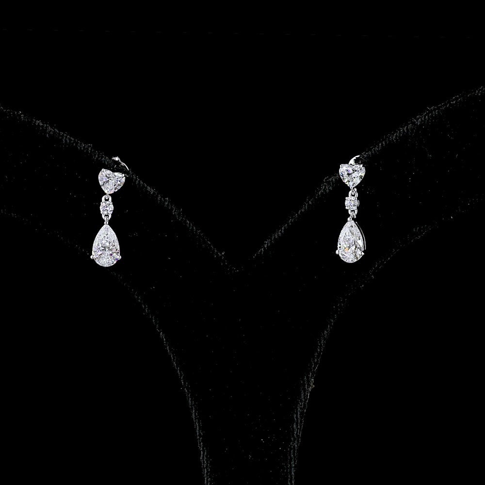 14K White Gold Heart, Round, and Pear Shape Lab Diamond Hanging Drop Earrings - 1.66 Carats Total Diamond Weight - Covaloro Fine Jewelry