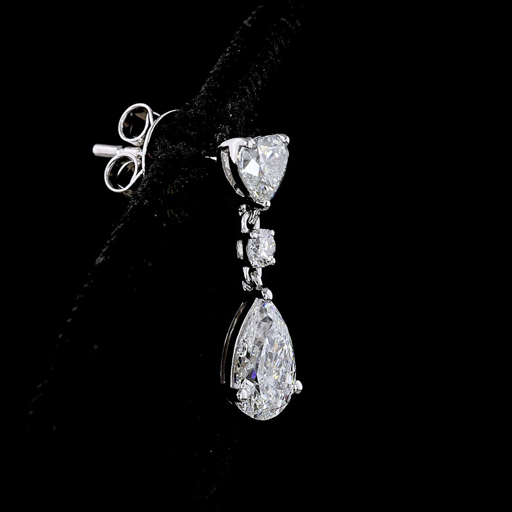 14K White Gold Heart, Round, and Pear Shape Lab Diamond Hanging Drop Earrings - 1.66 Carats Total Diamond Weight - Covaloro Fine Jewelry