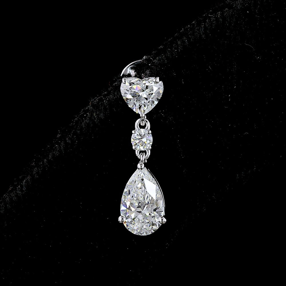 14K White Gold Heart, Round, and Pear Shape Lab Diamond Hanging Drop Earrings - 1.66 Carats Total Diamond Weight - Covaloro Fine Jewelry