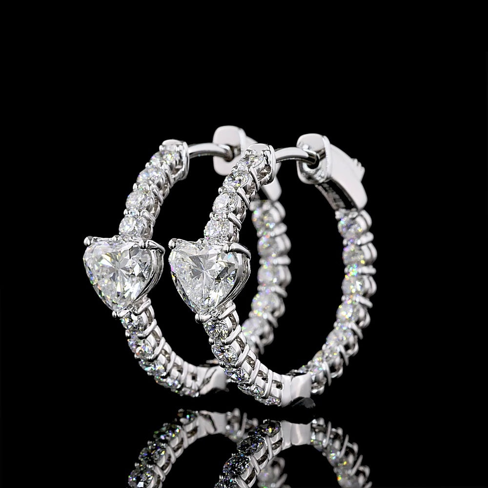 14K White Gold Heart Shape Diamond Hoop Earrings with E-F VS Lab Diamonds - 2.03 Carats Total Diamond Weight - Covaloro Fine Jewelry