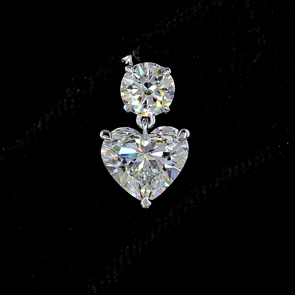 14K White Gold Heart Shape Drop Earrings with 4.02 Carat Total Weight Lab Diamonds - Round Brilliant Top Stones & Heart Shape Center Stones in Prong Setting - Covaloro Fine Jewelry