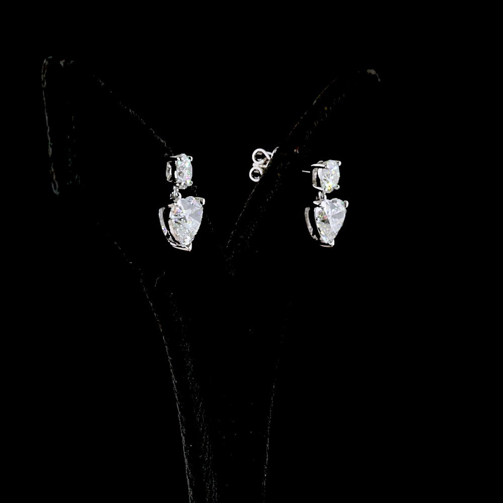 14K White Gold Heart Shape Drop Earrings with 4.02 Carat Total Weight Lab Diamonds - Round Brilliant Top Stones & Heart Shape Center Stones in Prong Setting - Covaloro Fine Jewelry